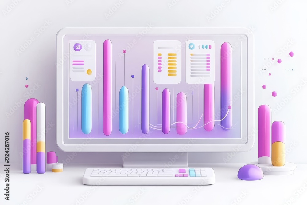 Poster vibrant workplace with colorful graphs on a computer showcasing digital analytics and modern busines