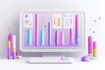 Vibrant workplace with colorful graphs on a computer showcasing digital analytics and modern business strategies