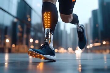 Man amputee with prosthetic robotic bionic leg. Modern technology, prosthesis medicine. Summer Paralympic Games. International Day of Persons with Disabilities