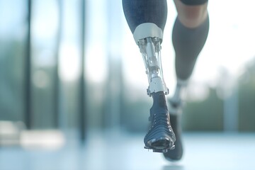 Man amputee with prosthetic robotic bionic leg. Modern technology, prosthesis medicine. Summer Paralympic Games. International Day of Persons with Disabilities
