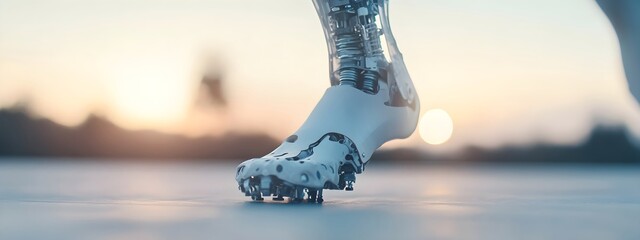 Man amputee with prosthetic robotic bionic leg. Modern technology, prosthesis medicine. Summer Paralympic Games. International Day of Persons with Disabilities