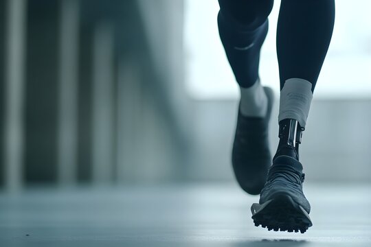 Man amputee with prosthetic robotic bionic leg. Modern technology, prosthesis medicine. Summer Paralympic Games. International Day of Persons with Disabilities - Powered by Adobe