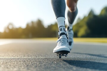 Athlete with prosthetic leg running sprint race at athletics competition. Handicapped sportsman with modern artificial leg. Freedom and power concept. Summer Paralympic Games