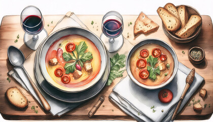 Vibrant digital painting of a cozy meal setup featuring soup and wine