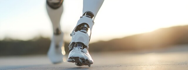 Man amputee with prosthetic robotic bionic leg. Modern technology, prosthesis medicine. Summer Paralympic Games. International Day of Persons with Disabilities