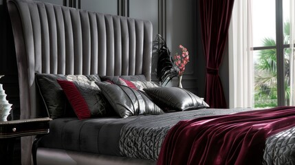 This velvet upholstered bed is a study in contrast with a charcoal grey velvet fabric and smooth modern lines creating a sleek and luxurious look.