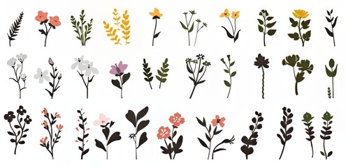 A collection of diverse floral silhouettes in varying styles and colors.