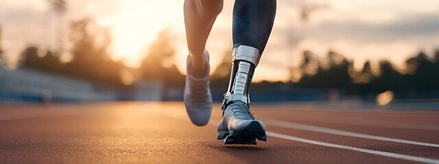 Athlete with prosthetic leg running sprint race at athletics competition. Handicapped sportsman with modern artificial leg. Freedom and power concept. Summer Paralympic Games