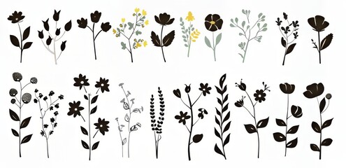 A variety of black silhouette flowers and plants on a light background.
