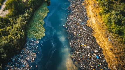 Obraz premium A vibrant stream shows nature's beauty, while a trash-filled river highlights environmental neglect.