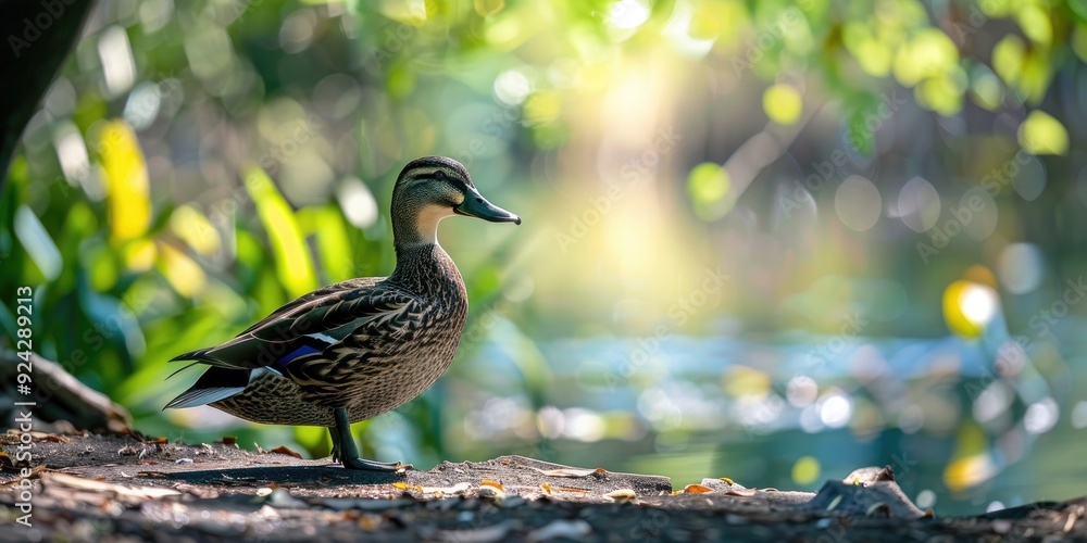 Aufkleber pacific black duck standing in shade at artificial lake edge side view with shallow depth of field