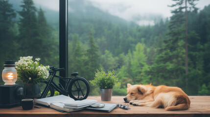 nterior of a mountain hut, a cozy small bed next to a wooden table with books, coffee, lamp and flowers, a dog sleeping quietly, theis a darkening sky and forest.