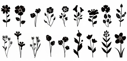 A stylish array of black silhouette flowers and plants in varied designs.