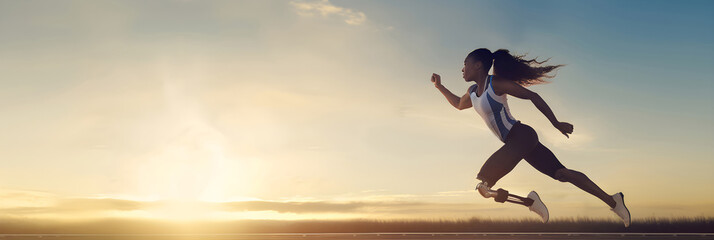 Disabled athlete african american woman in sportswear with prosthetic leg running on stadium in sunrise. Handicapped sportsman with artificial leg. Freedom and power concept. Summer Paralympic Games