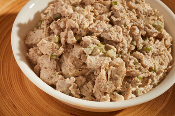 American deli style chicken salad, typically served cold and often used as a sandwich filling.