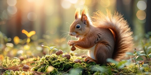 Obraz premium Red Squirrel Eating Nut in Sunlight