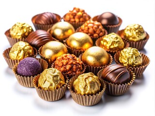 Assorted colorful chocolate treats with golden wrappers and hazelnut centers are arranged on a white background, showcasing a popular Italian confectionery brand's products.