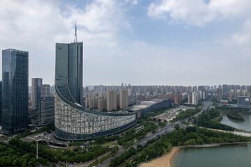 Aerial View of Modern Cityscape with Unique Architectural Designs