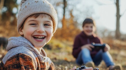 Obraz premium A child exploring nature contrasts with another glued to a screen; outdoors boosts health and creativity.