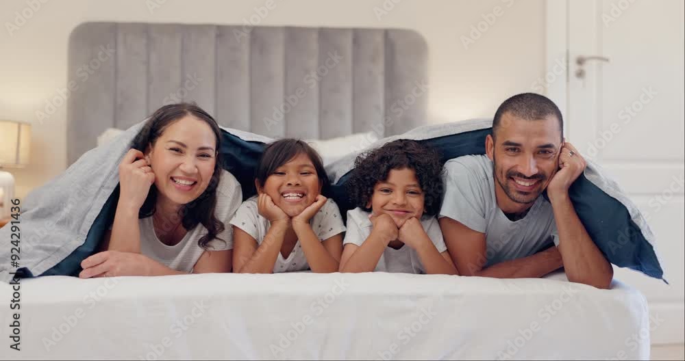 Wall mural Face, bedroom and family with kids, relax and home with happiness, security and bonding together. Portrait, mother and father with children, safety and parents with love, weekend break and support