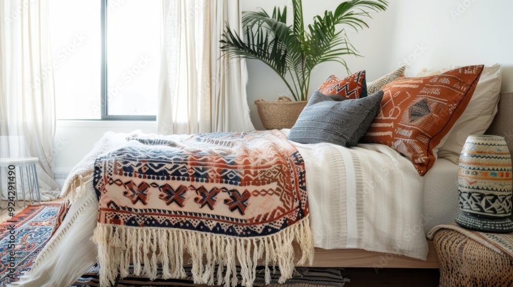 Poster a bohemianinspired bedroom with a mix of patterned and fringed throws on the bed creating a laidback