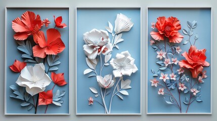 Generate a triptych featuring 3D red and white flowers against a blue background, with each panel depicting a unique floral composition