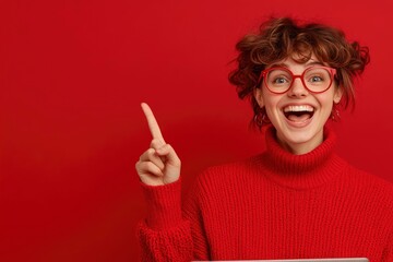 Happy Young Woman With A Laptop, Pointing Upwards, Full Of Ideas And Energy