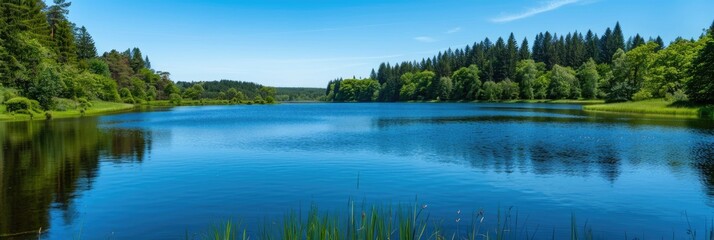 Fototapeta premium Serene Lake Surrounded by Verdant Forest and Bright Blue Sky Ideal for Relaxation and Nature Enjoyment
