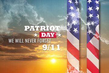 Patriot Day We Will Never Forget inscription with towers with the pattern of the USA flag on...