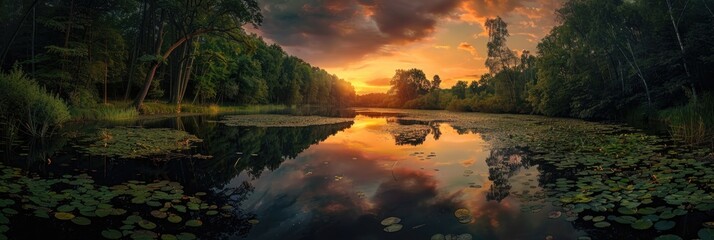 Fototapeta premium A Tranquil River Winds Through a Dense Forest Reflecting a Glowing Sunset Sky, with Lily Pads Scattered Across the Calm Water, Adding to the Serene Ambiance.
