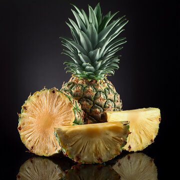 Pineapple fruit isolated on black. With green and yellow skin. Pineapple pieces. 