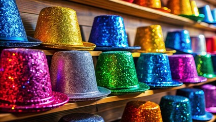 Vibrant and sparkly New Year's Eve party hats in assorted colors and shapes stacked on a shelf, ready to add festive flair to celebrations.