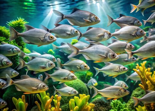 Vibrant aquarium scene featuring a mesmerizing school of silver gray fish swimming in unison, their scales shimmering amidst lush green aquatic plants and coral.