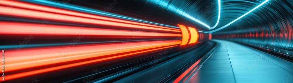 Poster futuristic tunnel with vibrant light trails representing speed and motion in a dynamic urban environ