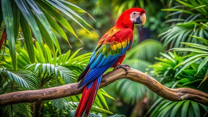 Obraz premium Vibrant blue and red macaw perches on a lush tree branch, surrounded by tropical foliage, in a serene jungle safari zoo setting in India.