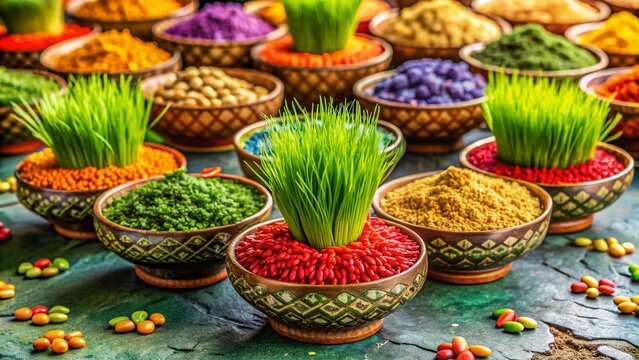 Vibrant barley grass seeds in jamara pots, arranged on intricately designed leaf-shaped bowls, symbolizing prosperity and good fortune during Hindu festivals of Dashain and Dusshera.