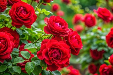 Obraz premium Vibrant close-up of a stunning red rose bush, surrounded by lush green foliage, perfect for use as a romantic or elegant background image.