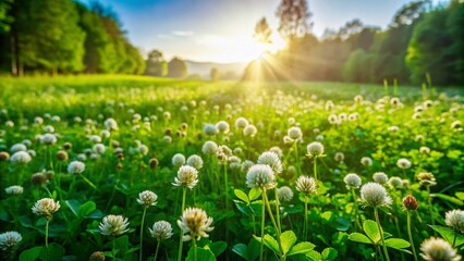 Obraz premium Vibrant clover and grass fields sprawl in a lush, emerald expanse, showcasing spring's revitalization with dense, soft textures and intricate patterns in a natural landscape setting.