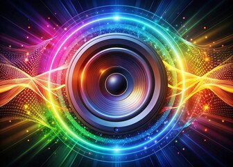 Obraz premium Vibrant, swirling patterns of light and color emanate from an active speaker, capturing the dynamic energy and movement of sound in a mesmerizing abstract design.