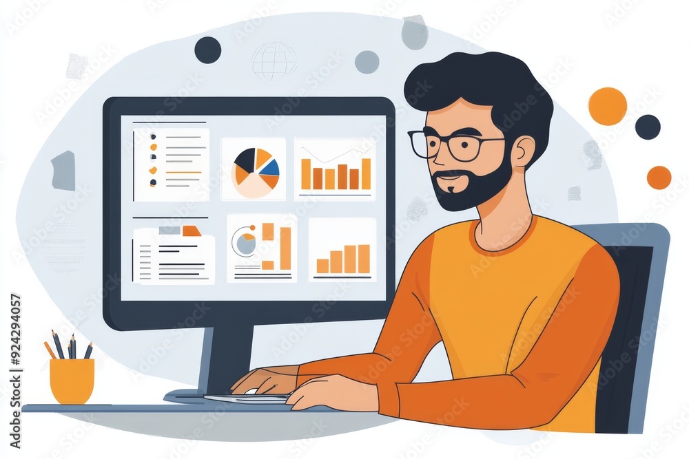 Poster digital marketer analyzing data trends on a computer highlighting the importance of analytics in mod