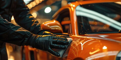 Professional car detailing Close up of unidentified man with black gloves applying ceramic coating to vehicle with sponge Horizontal shot captured indoors High quality image