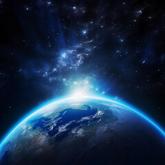 Obraz premium Luminous Earth against a dark blue space background with realistic lighting, highlighting global political and social commentary. 