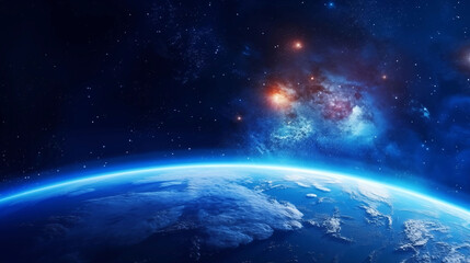 Obraz premium Luminous Earth against a dark blue space background with realistic lighting, highlighting global political and social commentary. 