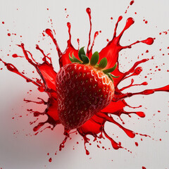 A luscious red strawberry exploding with bright red watery splashes