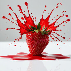 A luscious red strawberry exploding with bright red watery splashes