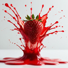 A luscious red strawberry exploding with bright red watery splashes