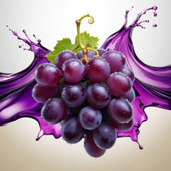 A juicy purple grape cluster with transparent purple splashes flowing outward