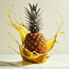 A fresh, golden pineapple surrounded by swirling yellow fluid splashes