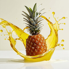 A fresh, golden pineapple surrounded by swirling yellow fluid splashes