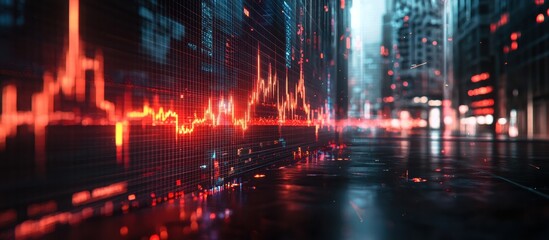 Naklejka premium Futuristic Financial Data Visualization in a Modern Urban Setting with Digital Graphs and Charts